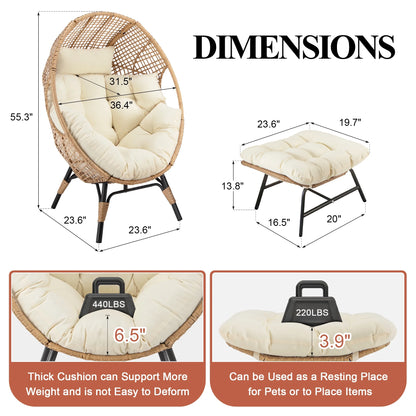 RADIATA 440 lbs Outdoor Egg Chair with Foot Rest & Ottoman, Wicker Patio Egg Chair for Indoor or Garden,Beige