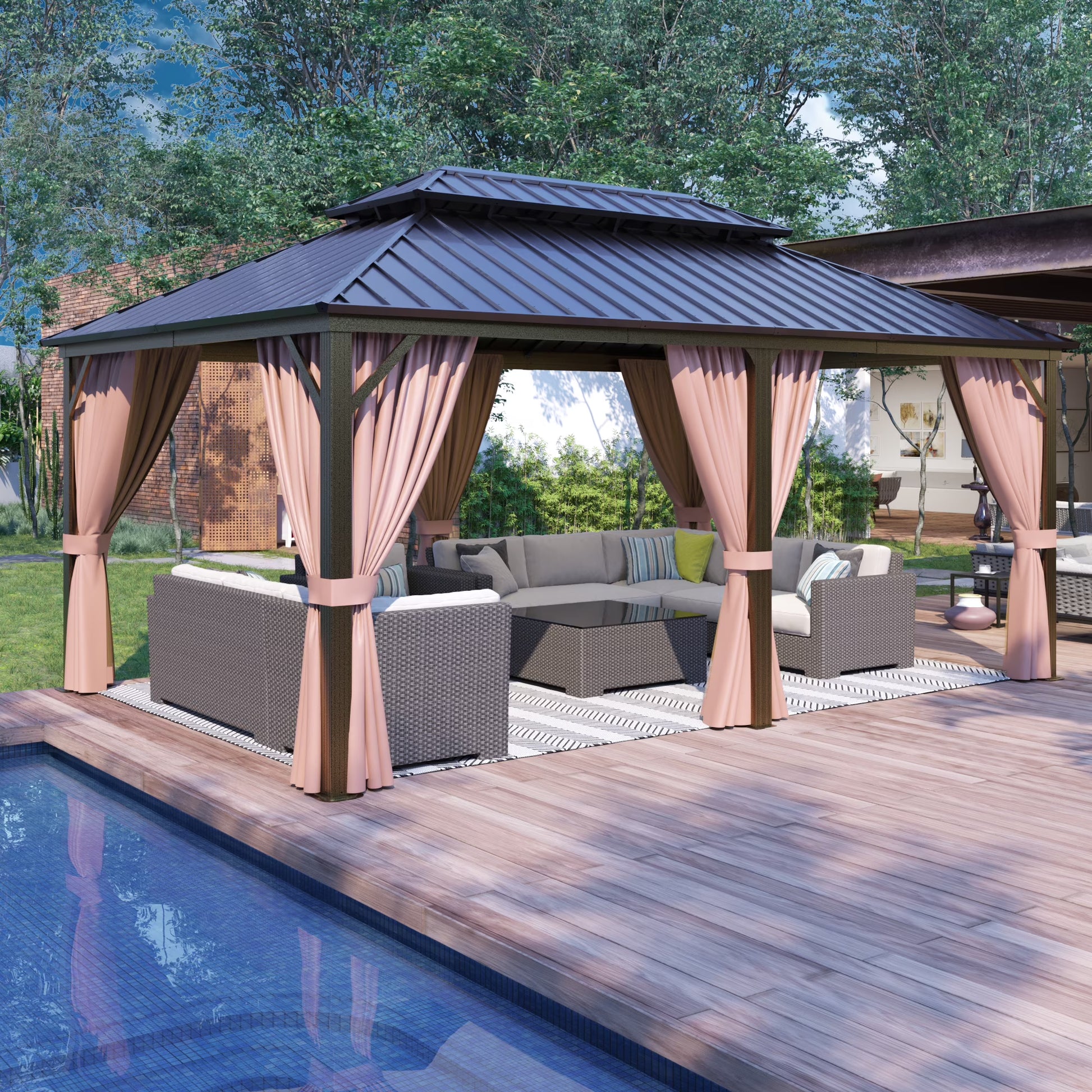 EAGLE PEAK 12x14 Outdoor Patio Hardtop Gazebo with Galvanized Steel Double Roof, Netting & Curtains