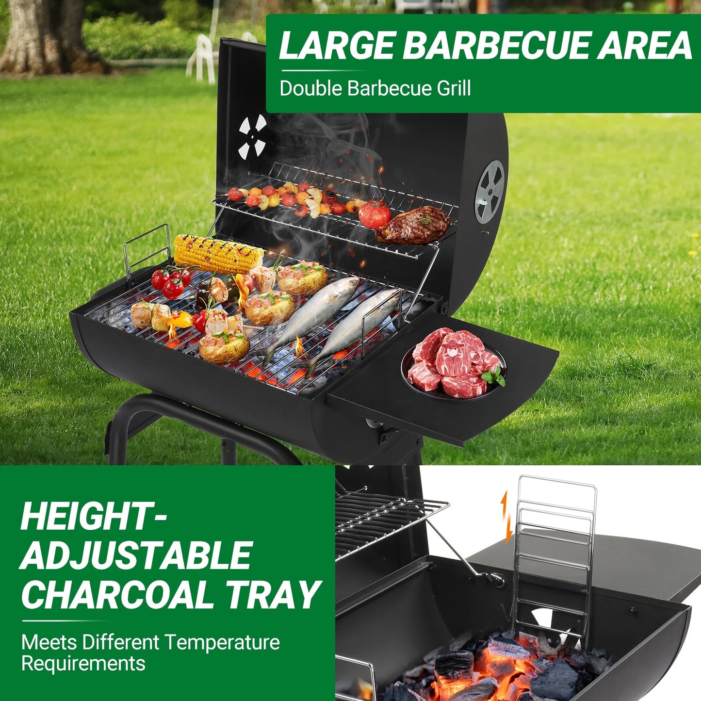 SEEKOL Barrel Charcoal Grill with Side Table, BBQ Grill Outdoor Smoker Grill with Wheels for Party Garden Patio and Backyard Cooking