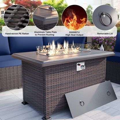 Gotland 15 Pieces Outdoor Patio Furniture Set with Propane Fire Pit Table Outdoor Sectional Sofa Sets Patio Furniture 43" Gas Fire Pit PE Rattan Patio Conversation Set (Navy Blue)