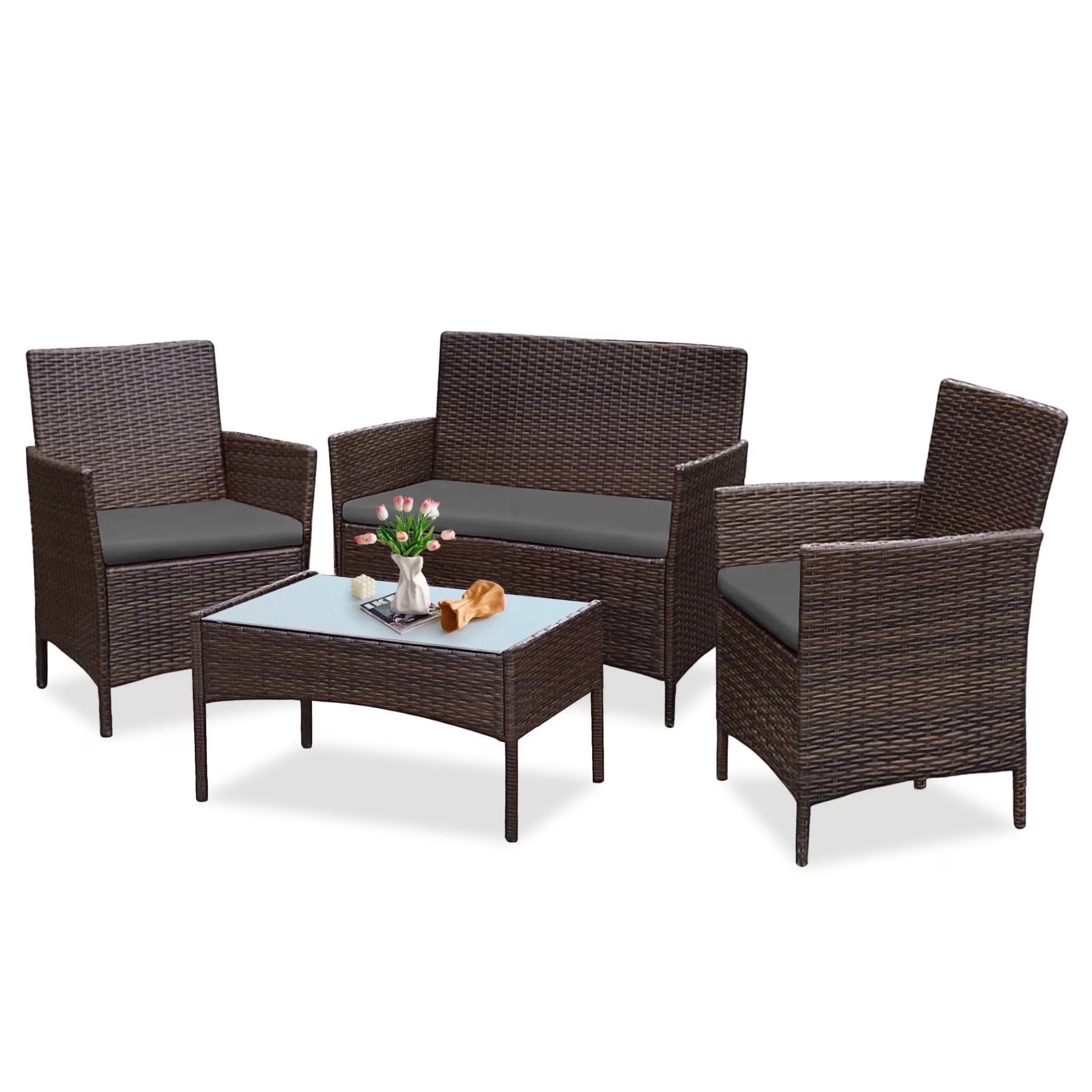 Tappio 4 Piece Patio Conversation Wicker Furniture Set, Porch Furniture Outdoor Sectional Furniture Set w/Coffee Table & Cushions Wicker Sofa Garden Conversation Set for Yard Pool Backyard,Black/Red