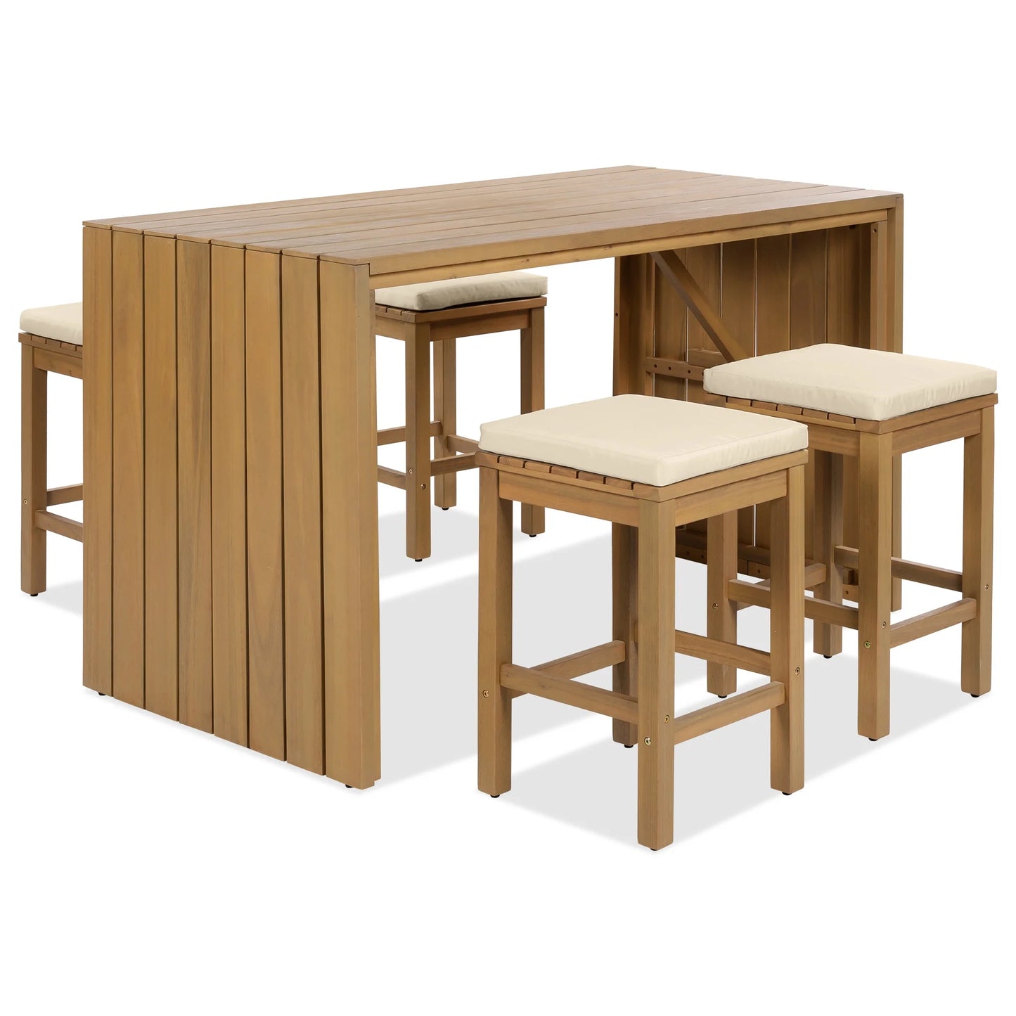 Bellemave 5-Piece Outdoor Bar Set Patio Acacia Wood Bar Height Table and Stools Dining Bar Set with Beige Cushion for Garden, Yard, Poolside