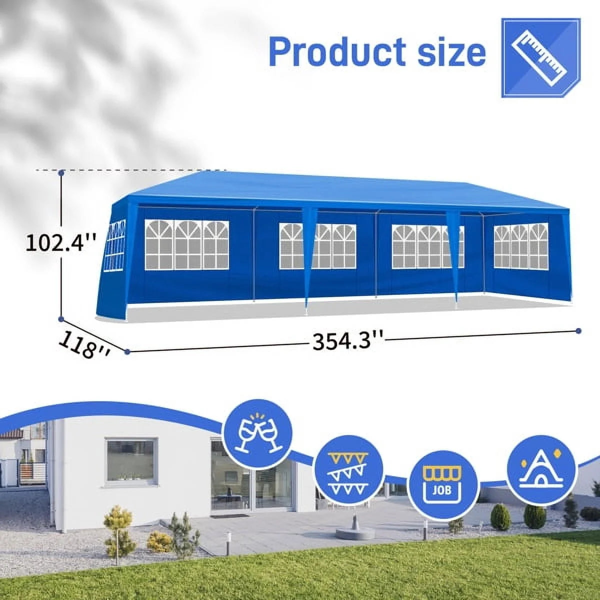 ALFRESCO 10'x30' Waterproof Outdoor Party Tent with 8 Removable Sidewalls - Perfect for Patio Weddings, Blue