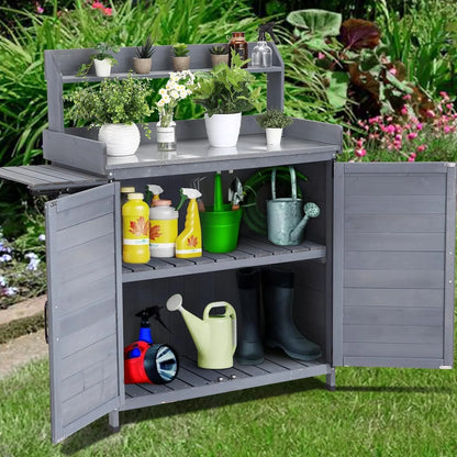 Litake Outdoor Potting Bench Table Storage Cabinet, Wooden Planting Workstation with Storage Shelf & Galvanized Tabletop, Planting Table Garden Work Bench with Cover for Garden, Patio, Greenhouse