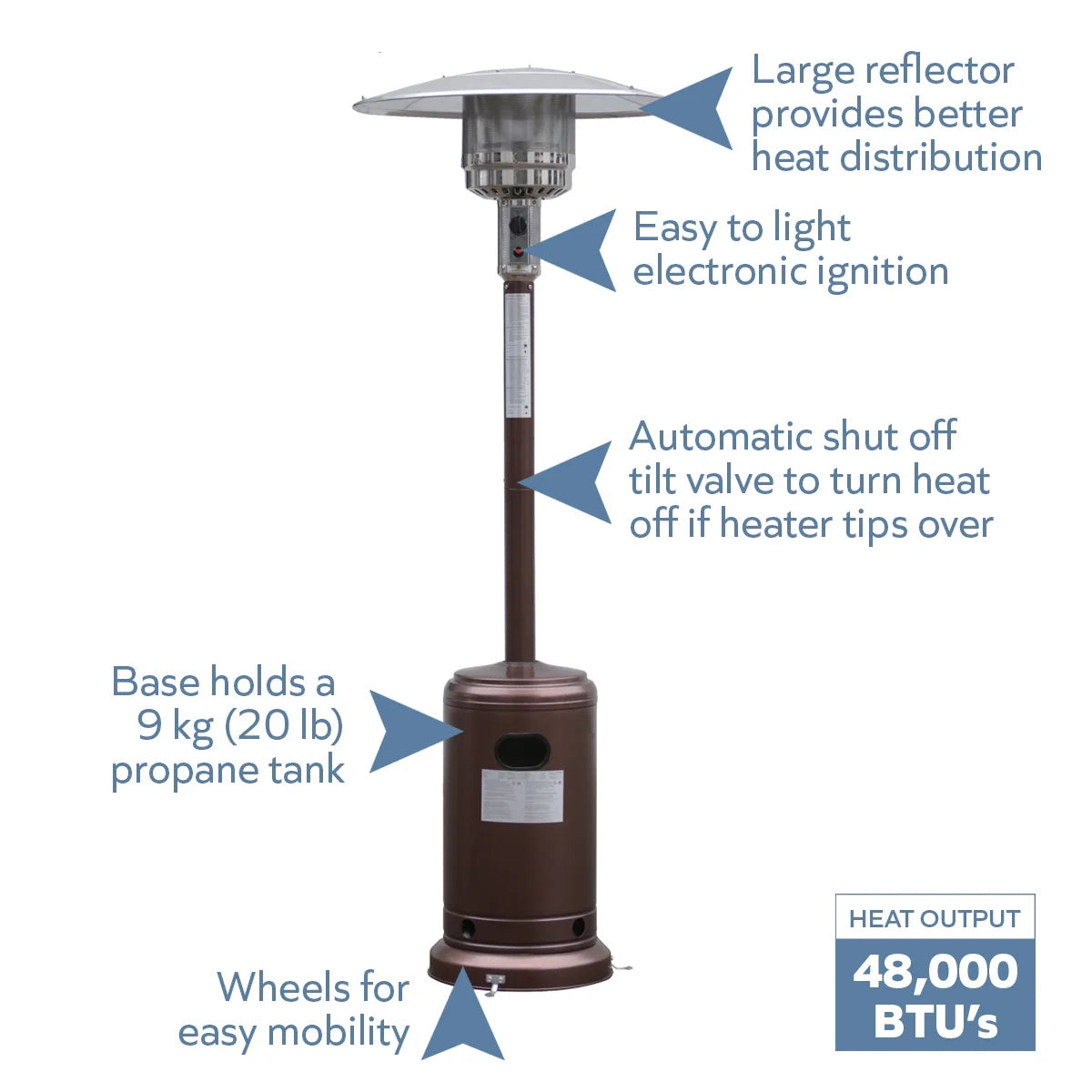 Blue Sky Outdoor Living 48,000 BTU Floor Standing Propane Outdoor Patio Heater, Bronze Hammered