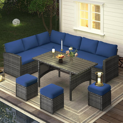 AECOJOY 7 Piece Patio Furniture Set PE Rattan Outdoor Dining Set Sectional Sofa Couch with Table Patio Conversation Set in Dark Blue