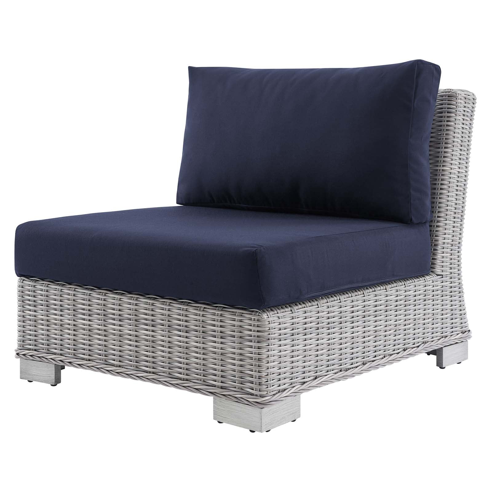 Lounge Sectional Sofa Chair Table Set, Rattan, Wicker, Light Grey Gray Blue Navy, Modern Contemporary Urban Design, Outdoor Patio Balcony Cafe Bistro Garden Furniture Hotel Hospitality