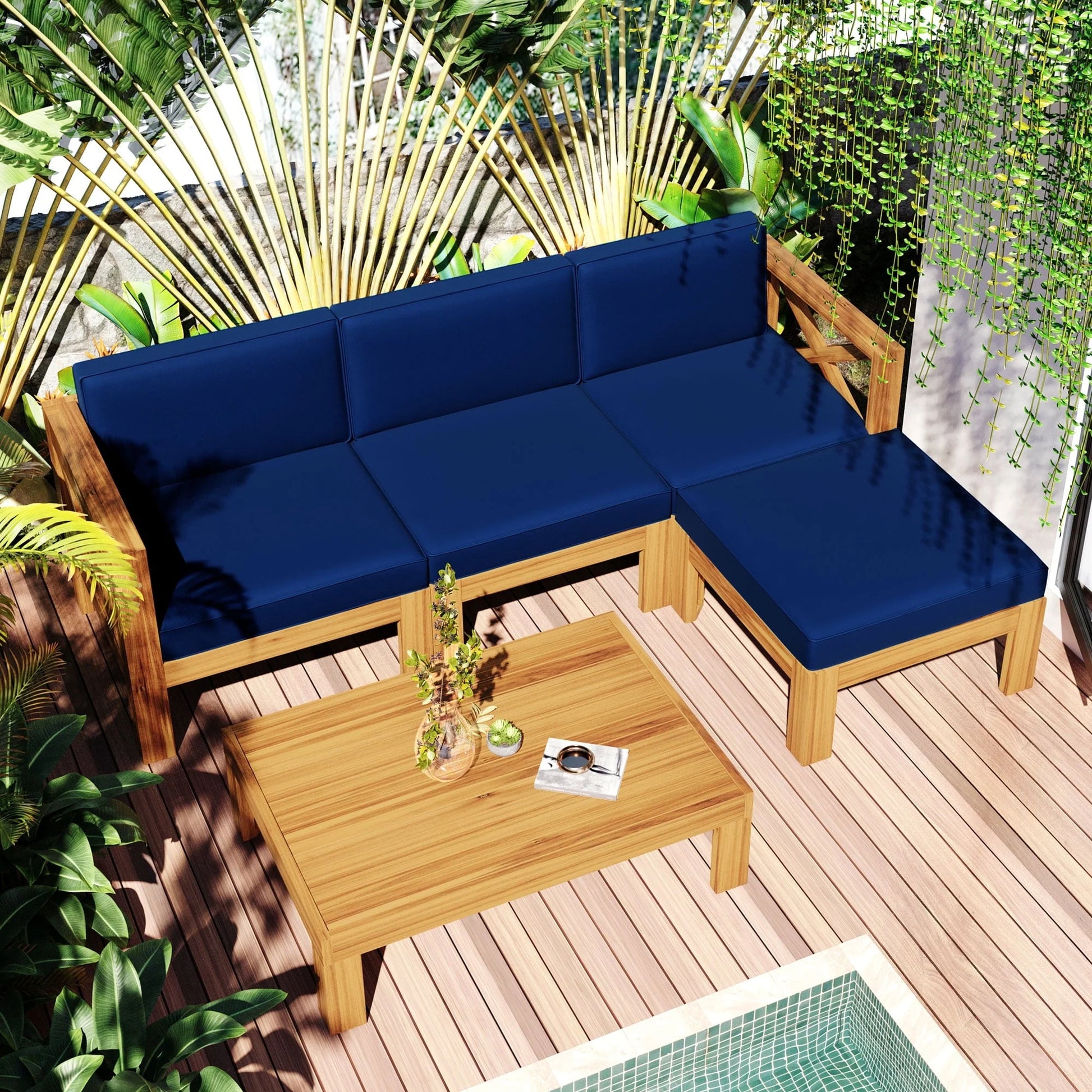 SYNGAR 5 Piece Wood Patio Furniture Set, Outdoor Seating Chat Set with Blue Cushions, Sectional Conversation Sofa Chairs Set with Coffee Table, for Balcony, Backyard, Poolside, Deck, Garden, D8126