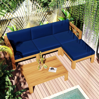 SYNGAR 5 Piece Wood Patio Furniture Set, Outdoor Seating Chat Set with Blue Cushions, Sectional Conversation Sofa Chairs Set with Coffee Table, for Balcony, Backyard, Poolside, Deck, Garden, D8126