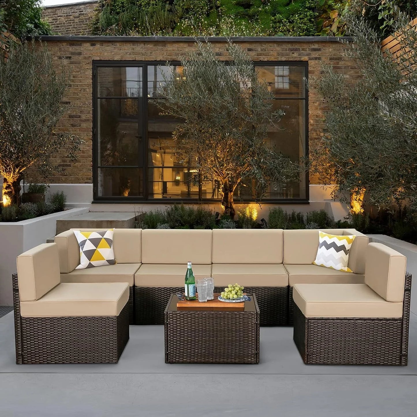 YODOLLA 7-Piece Outdoor Furniture Set, Rattan Wicker Sectional Sofa Couch Patio Conversation Set with Table In Beige