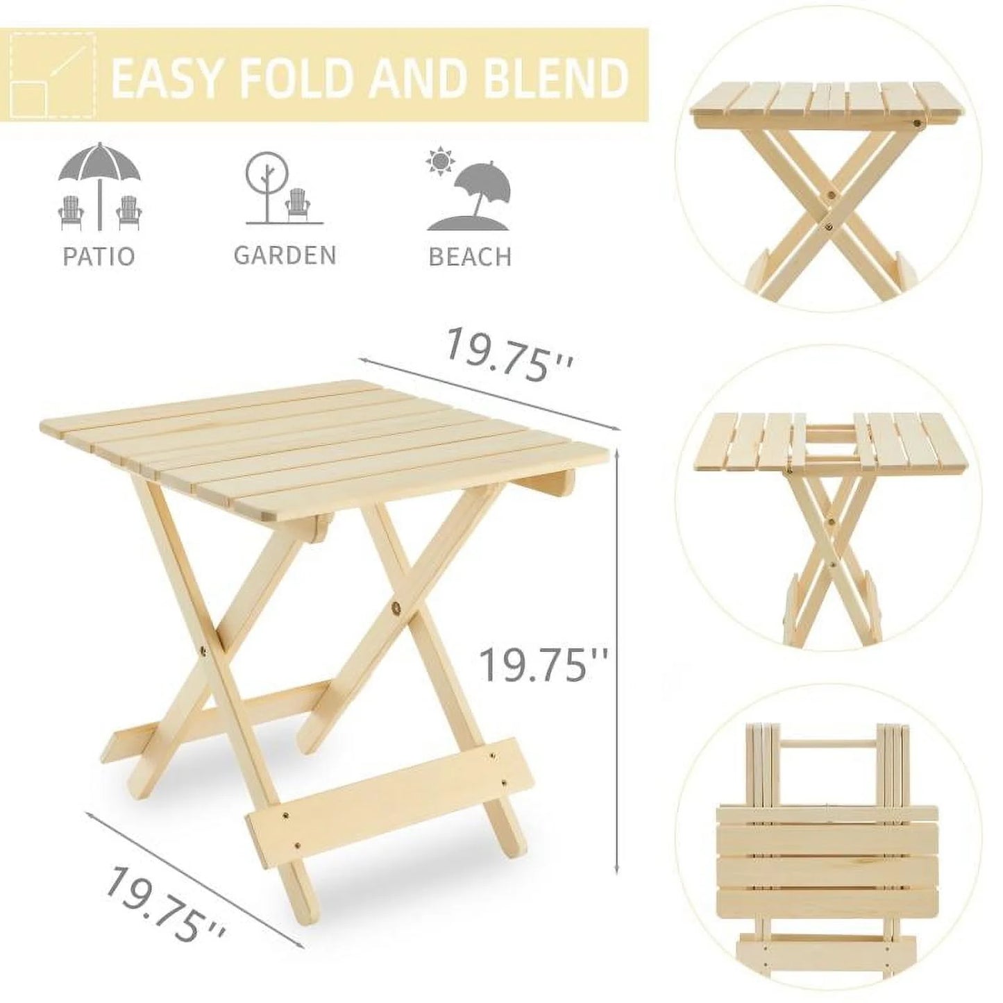Folding Square Table Patio Outdoor solid wood Table for Backyard, Balcony, Portable Design Space-Saving Natural Wood Color