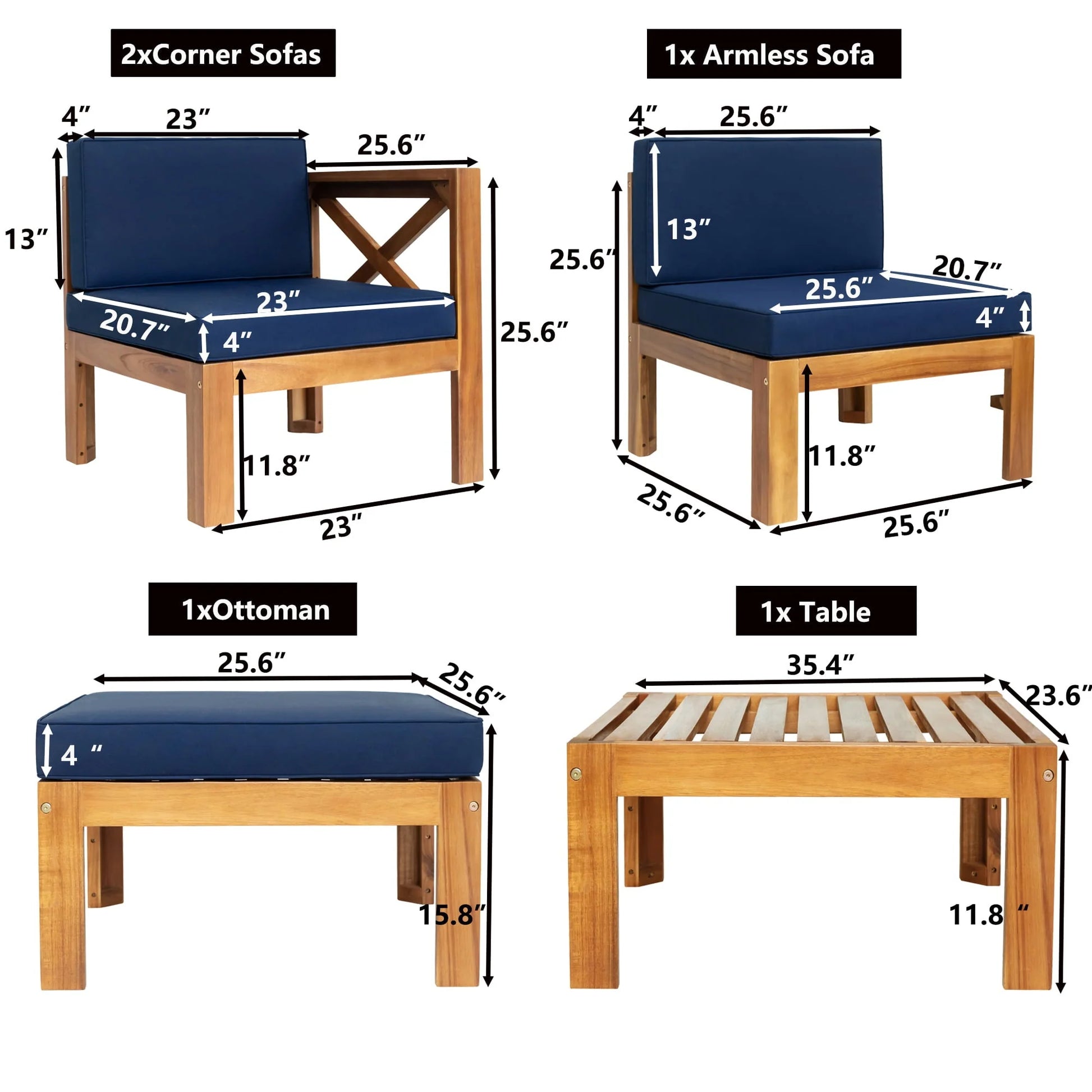 SYNGAR 5 Piece Wood Patio Furniture Set, Outdoor Seating Chat Set with Blue Cushions, Sectional Conversation Sofa Chairs Set with Coffee Table, for Balcony, Backyard, Poolside, Deck, Garden, D8126