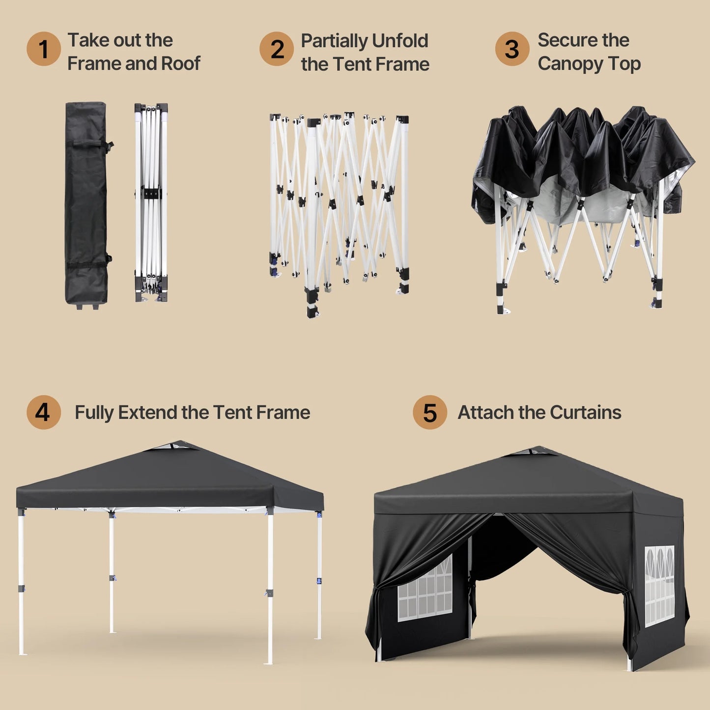 10'x10' Pop-up Canopy Tent with 4 Removable Sidewalls Lofka Portable Outdoor Canopy with 4 Sandbags, 8 Stakes & Ropes Perfect for Beach, Party, Patio & Yard Events, Black
