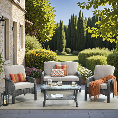 Vcatnet 4 Pieces Outdoor Patio Furniture All-weather Wicker Conversation Set with Coffee Table for Garden,Poolside,Gray