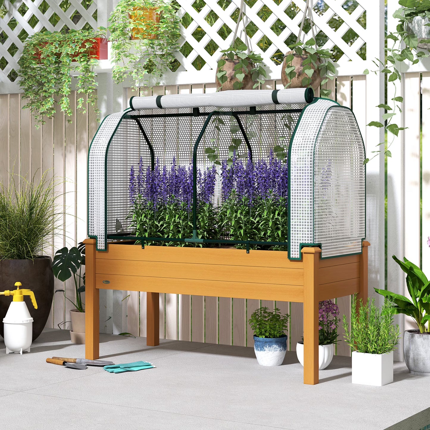 Outsunny Raised Garden Bed with PE Greenhouse Cover Outdoor Elevated Wood Planter Box for Herbs, Vegetables, for Patio, Backyard, Balcony, Brown