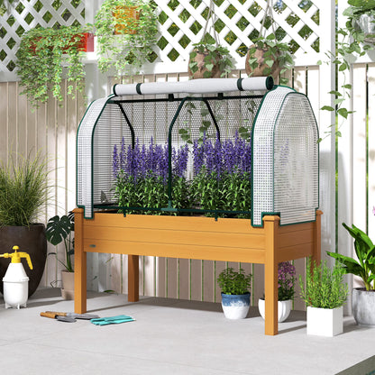 Outsunny Raised Garden Bed with PE Greenhouse Cover Outdoor Elevated Wood Planter Box for Herbs, Vegetables, for Patio, Backyard, Balcony, Brown