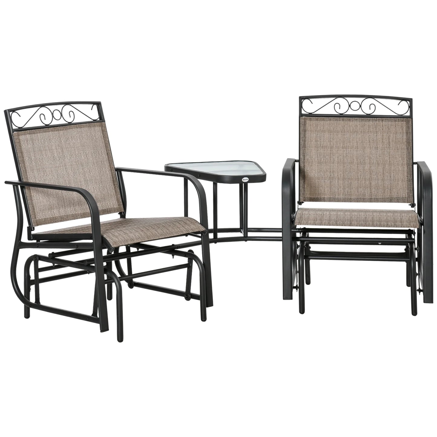 Outsunny Outdoor Glider Chairs with Coffee Table, Patio 2-Seat Rocking Chair Swing with Breathable Sling for Backyard, Garden and Porch, Black