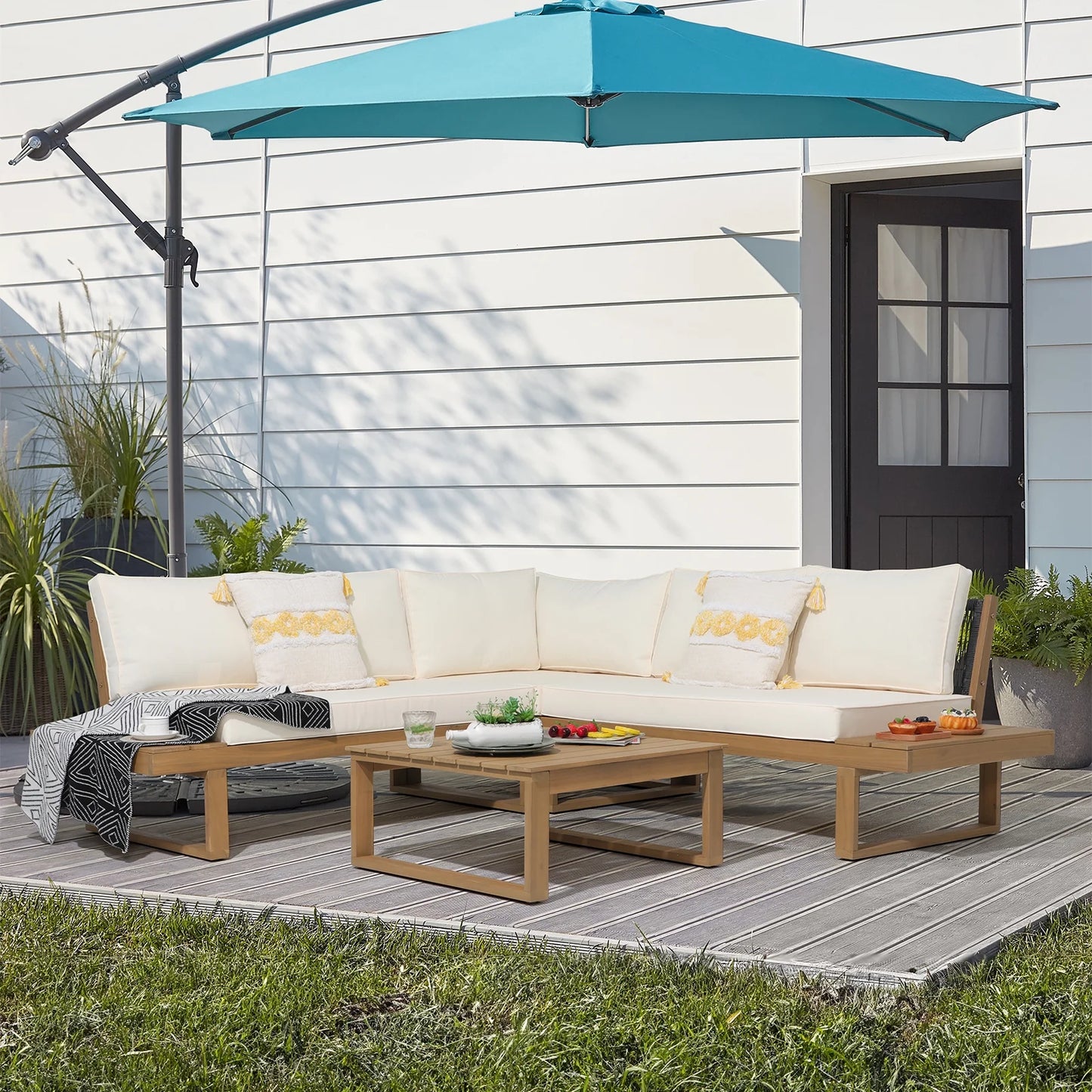 OC Orange-Casual Outdoor 4-Piece Acacia Wood Furniture Set, All-Weather Patio Sectional Sofa Set, Rope Lounge Couch with Wood Table, Cream White Cushion