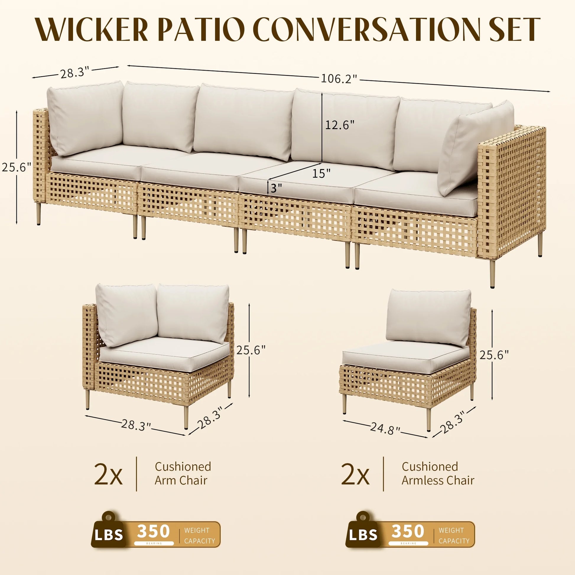 Bifanuo 4-Piece Wicker Outdoor Sectional Sofa, Patio Furniture Set, with Beige Fluffy Cushions (without Coffee Table)