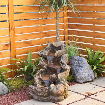 Outdoor Fountain Cascading Tiered Wood River Water Fountain with LED Lights for Garden, Patio, Backyard, Deck, Porch and Home Art Decor