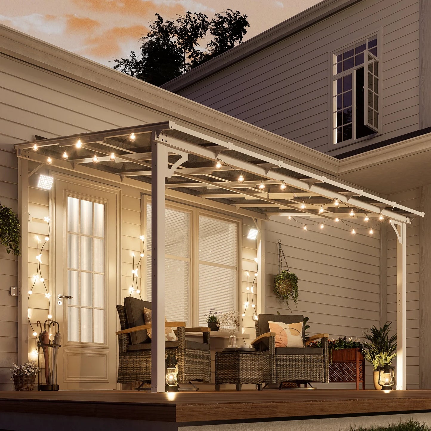 MEISSALIVVE 8' x 12' Hardtop Wall Mounted Gazebo Pergola, Lean-to Metal Awning with Sloped Roof, Outdoor Shelter for Patio, Deck, Backyard, White