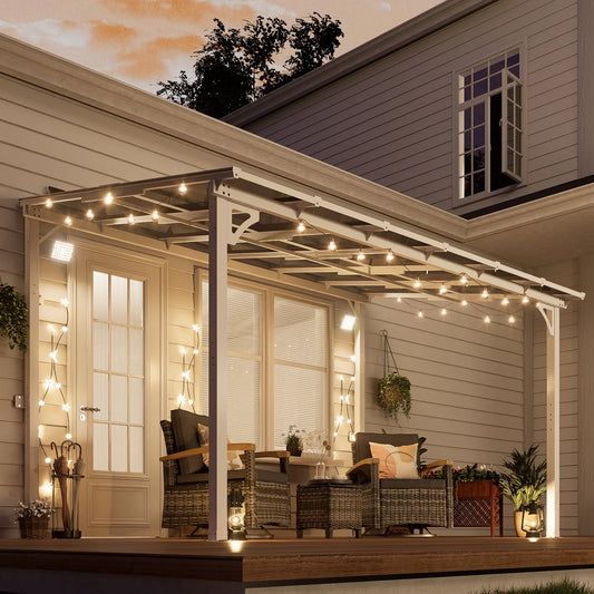 MEISSALIVVE 8' x 12' Hardtop Wall Mounted Gazebo Pergola, Lean-to Metal Awning with Sloped Roof, Outdoor Shelter for Patio, Deck, Backyard, White