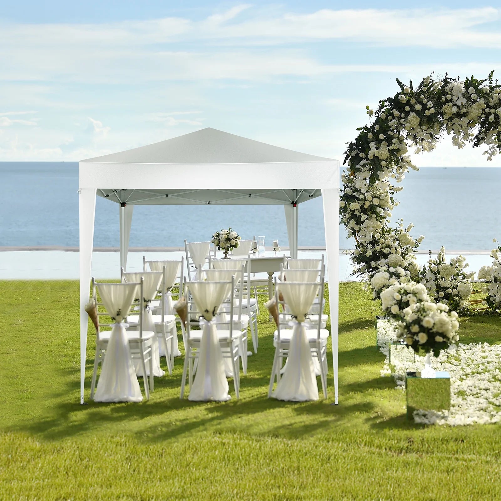 Outdoor Canopy Tent Pop Up with 4 Sidewalls 6.5x6.5 ft, Patio Portable Canopies Shelter Heavy Duty Straight Legs with Roller Bag, 8 Stakes, 4 Ropes, White