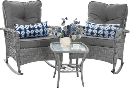 ELPOSUN 3-Piece Outdoor Rocking Chairs, Wicker Patio Furniture with Thickened Cushions and Table for Porch