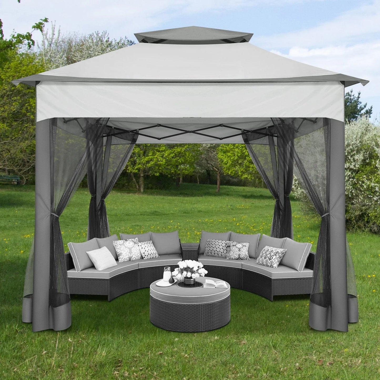 SANOPY 11 x 11 ft Outdoor Patio Gazebo with Ventilated Double Roof and Mosquito Net, Pop up Steel Gazebo Tent for Patios, Backyard, Garden and Beach