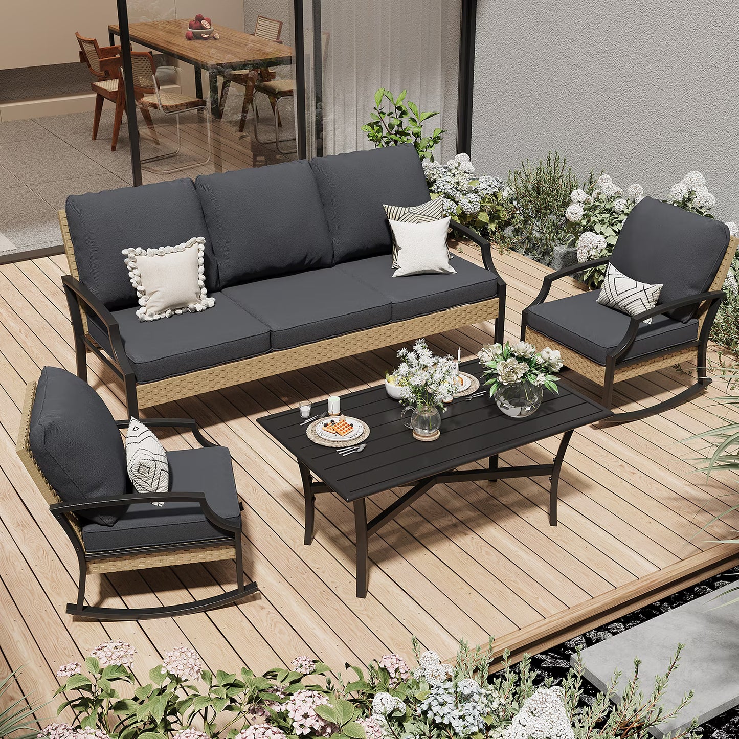 AECOJOY Outdoor Patio Wicker Furniture Sets On Sale,Rattan Patio Conversation Sets With Rocking Chair For Porch,Beige
