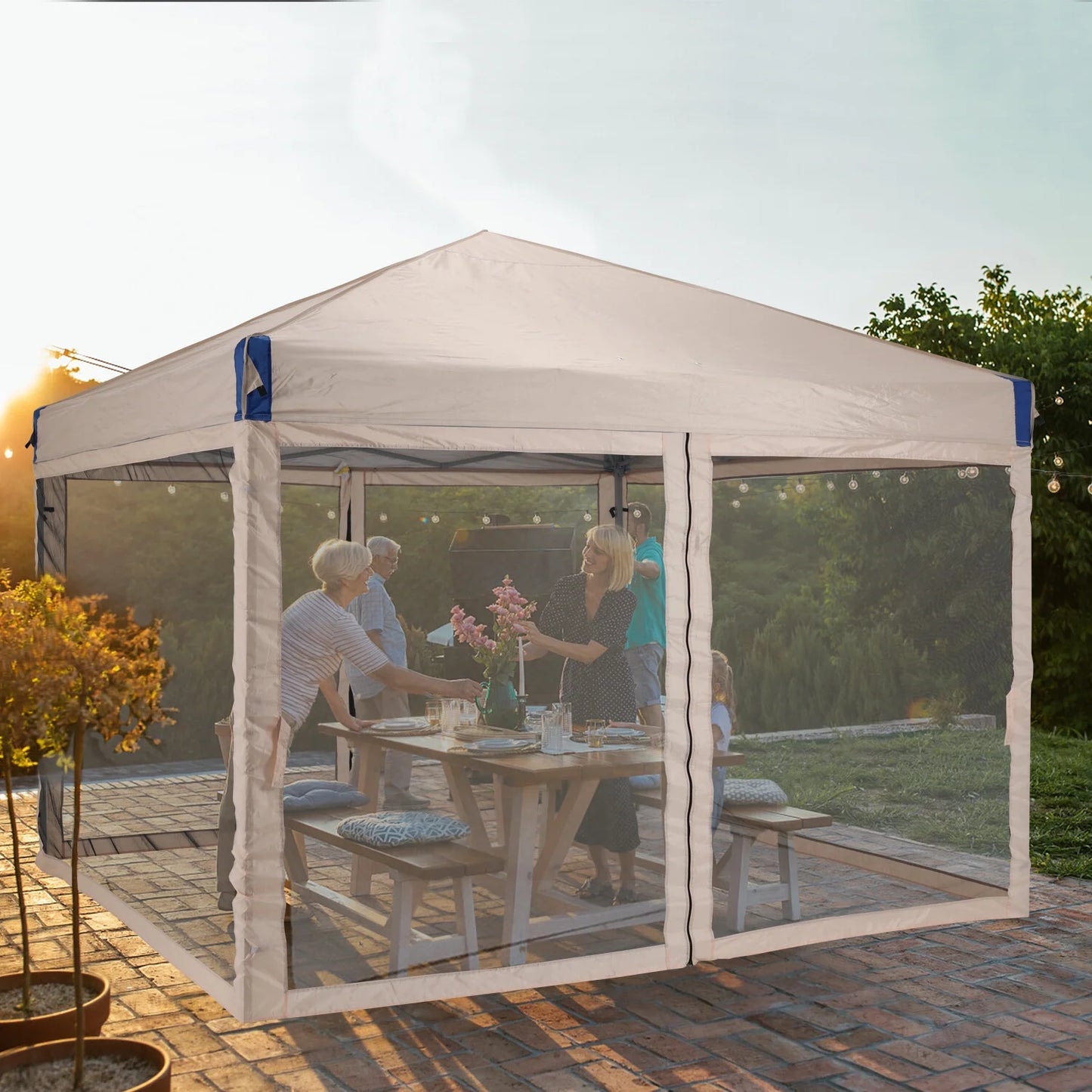 YUONAO 10x10 ft Pop Up Canopy Tent with Mesh Sidewalls, Portable Outdoor Shade Tent, Waterproof UV-Resistant Folding Gazebo for Backyard, Patio, Camping, Party(Beige)