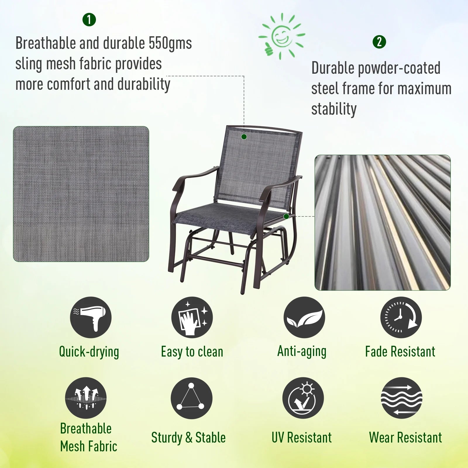 Outsunny Set of 3 Rocking Glider Chair w/Table Mesh Patio Outdoor Furniture, Gray