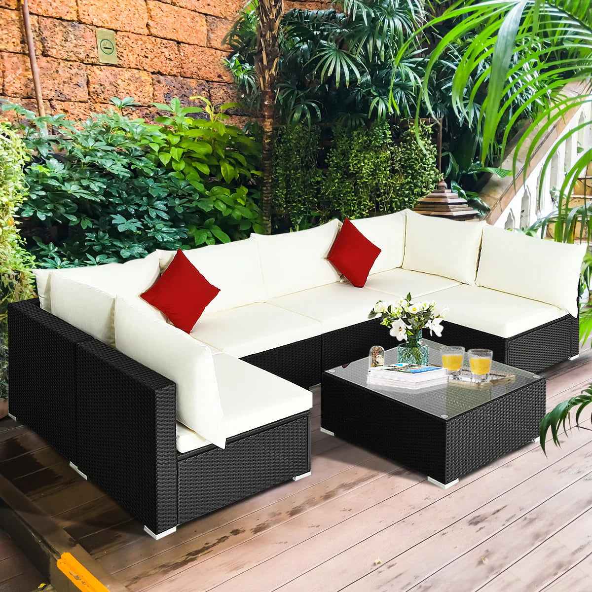 Gymax 7PCS Rattan Patio Conversation Sectional Furniture Set w/Cushion Pillow