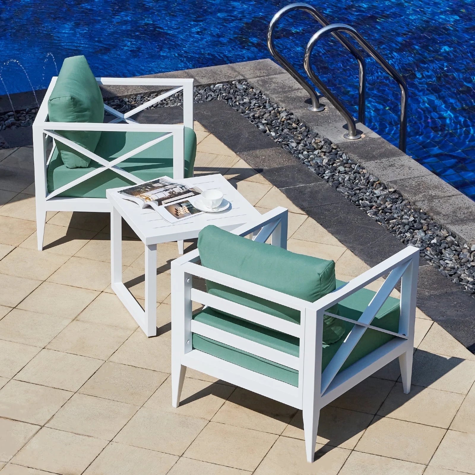 MBY Outdoor Aluminum Patio Furniture Set, 2-Seats Patio Conversation Sofa Set with 1 Coffee Table, All Weather for Pool, Balcony, Garden-White