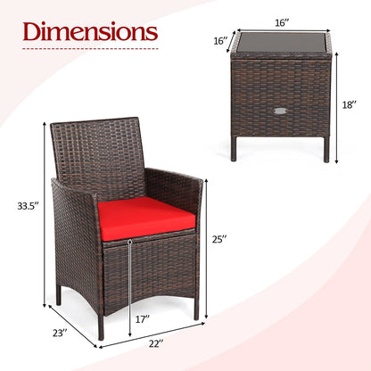 Patiojoy 3 Pieces Patio Rattan Conversation Furniture Wicker Chairs with Coffee Table & Cushions Red
