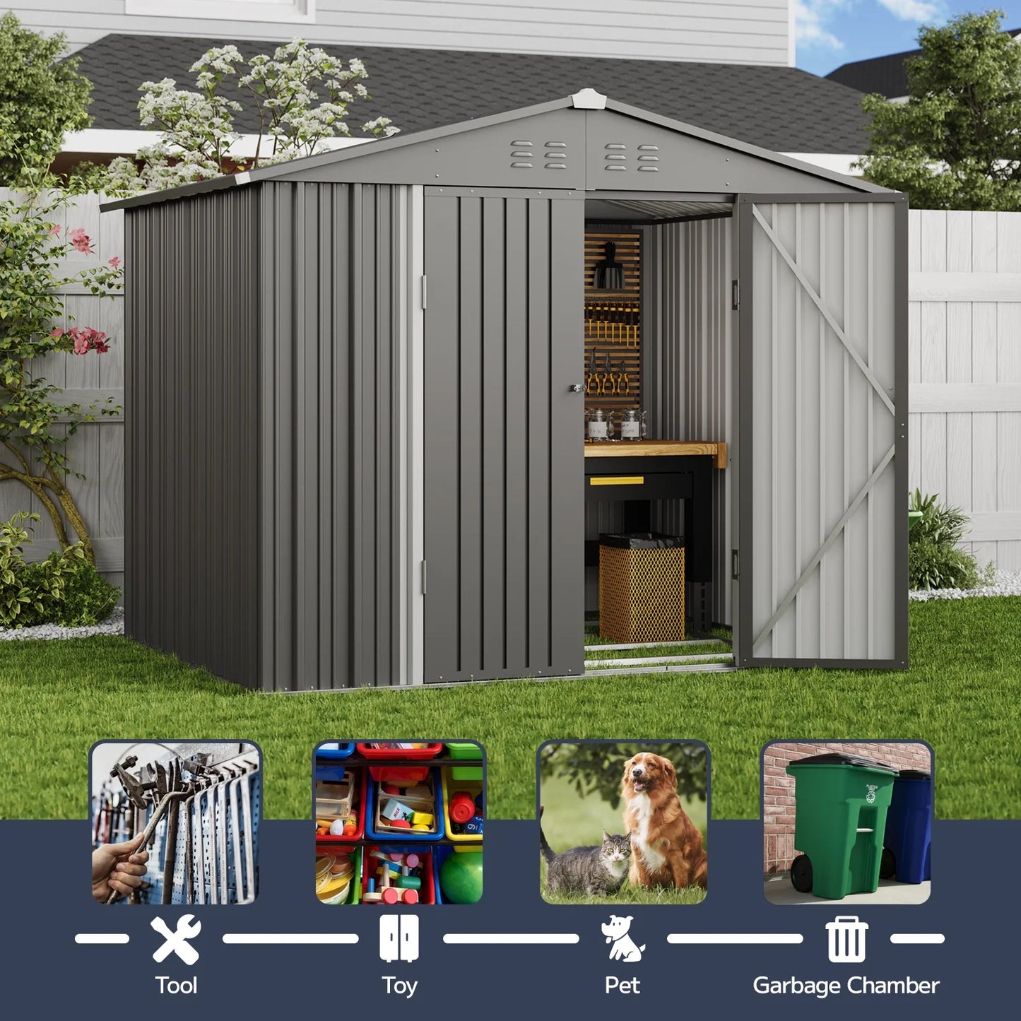 Asofer Outdoor Storage Shed 8 x 6 FT, Galvanized Metal Garden Shed with Double Lockable Doors for Backyard Patio Lawn-Green
