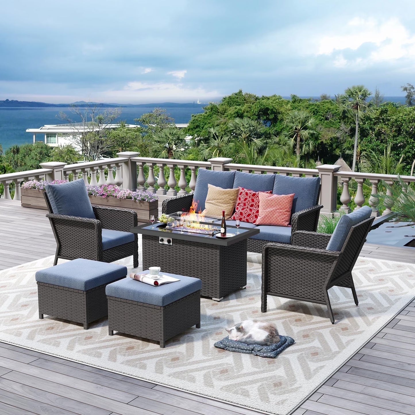 Brafab 7 Seat Outdoor Patio Furniture Set with 44" Gas Fire Pit Table, PE Wicker Patio Conversation Sets Cushioned Seat Couch Outdoor Sectional Chair Sofa Set for Yard Garden Porch