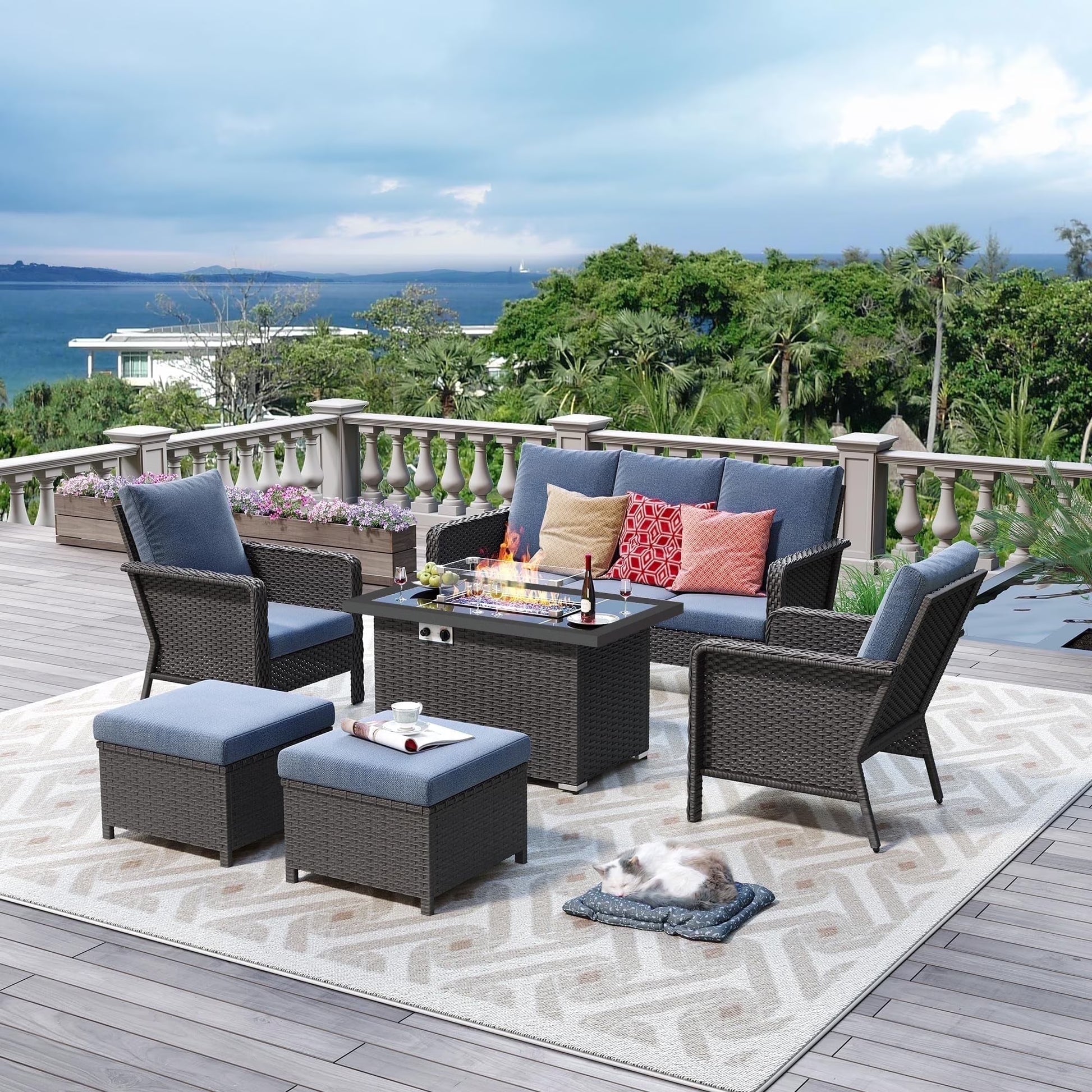 Brafab 7 Seat Outdoor Patio Furniture Set with 44" Gas Fire Pit Table, PE Wicker Patio Conversation Sets Cushioned Seat Couch Outdoor Sectional Chair Sofa Set for Yard Garden Porch