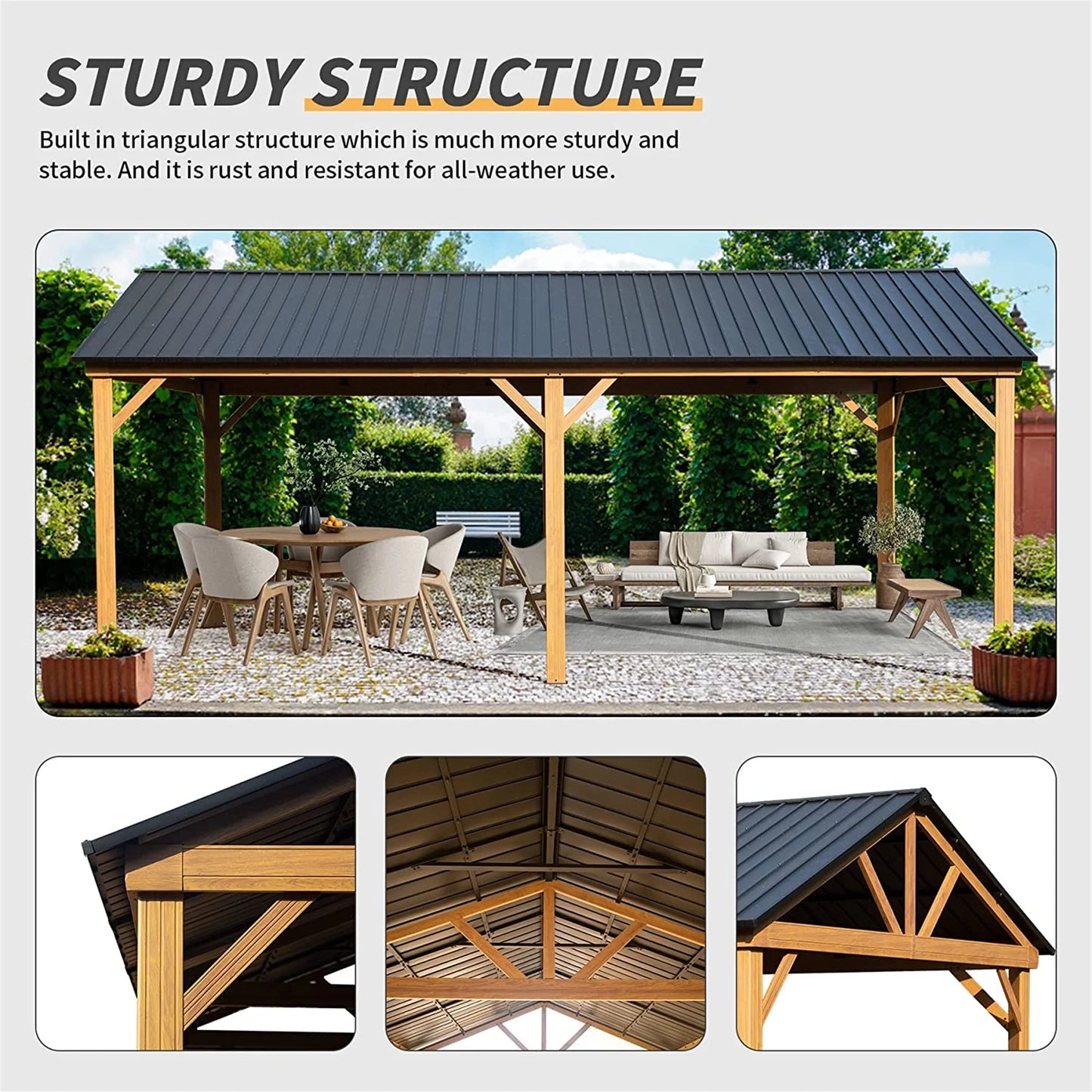Mondawe 12x20ft Hardtop Gazebo, Galvanized Steel Gable Roof Gazebo Pergola with Wood Grain Aluminum Frame, Outdoor Permanent Gazebo Pavilion for Patio, Garden (Yellow Brown)