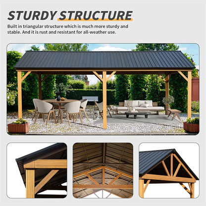 Mondawe 12x20ft Hardtop Gazebo, Galvanized Steel Gable Roof Gazebo Pergola with Wood Grain Aluminum Frame, Outdoor Permanent Gazebo Pavilion for Patio, Garden (Yellow Brown)