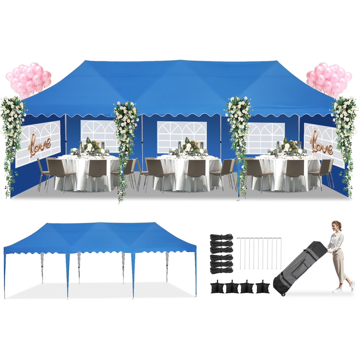HOTEEL 10x20 Pop up Canopy Tents with Removeble Sidewalls,Outdoor Gazebo with Wheeled Bag & 4 Sandbags,for Patio,Wedding,Backyard,Camping,Parties,Event,Black