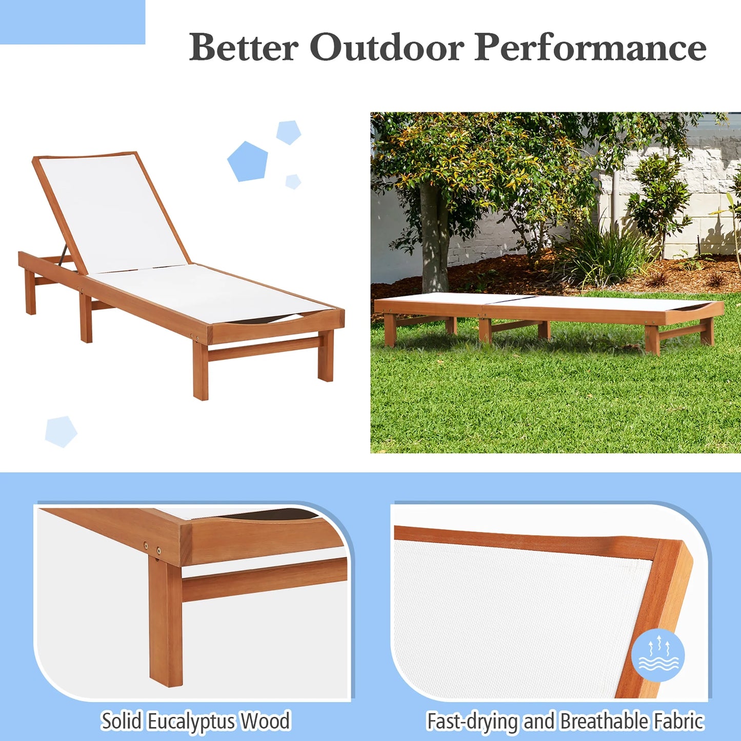 Gymax 2PCS Patio Wooden Chaise Lounge Chair Recliner w/Adjustable Backrest