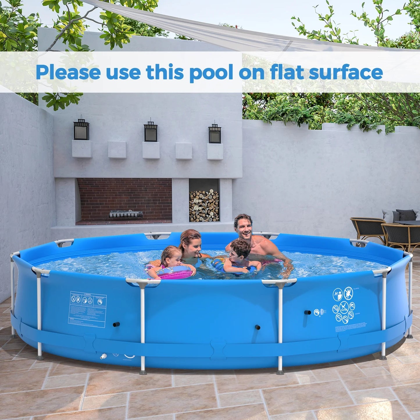 Infans Round Above Ground Swimming Pool Patio Frame Pool W/Pool Cover Iron Frame Blue
