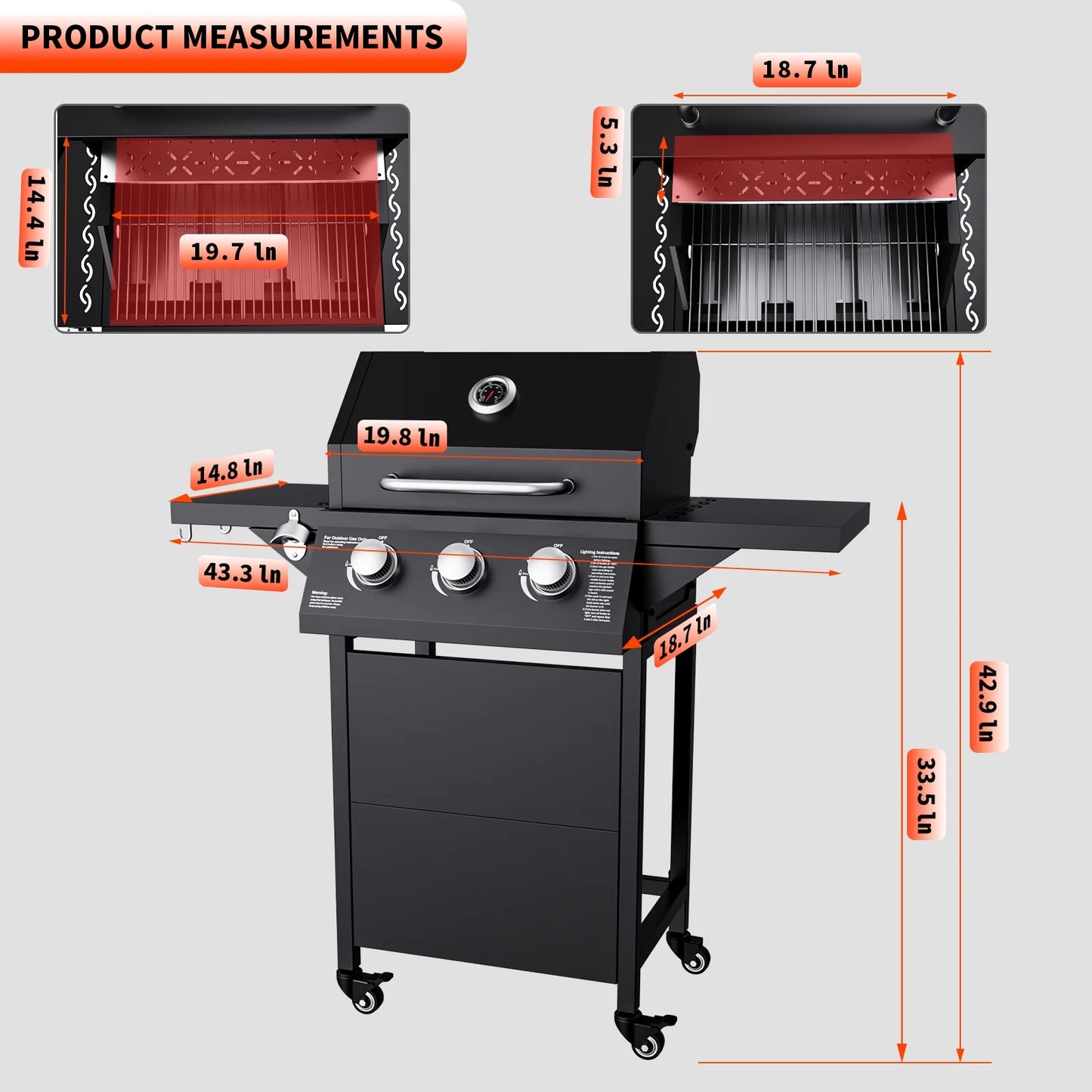 3-Burner Propane Gas Grill with 2 Foldable Side Tables, 30,000 BTU Outdoor BBQ Grill, Built-in Thermometer, Easy Assembly for Patio, Backyard BBQ