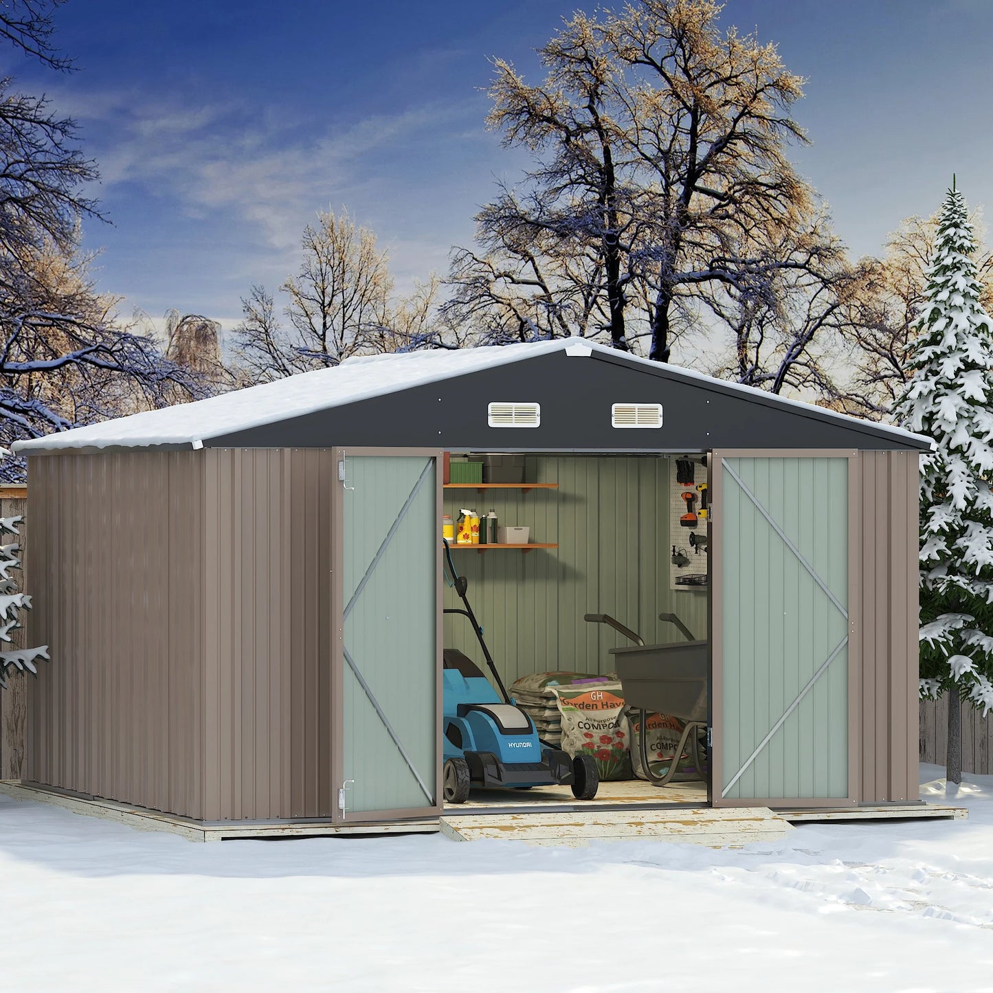 Devoko 10x8 Ft Metal Storage Shed, Lockable Steel Garden Shed for Patio Backyard Outdoor Tools, Brown