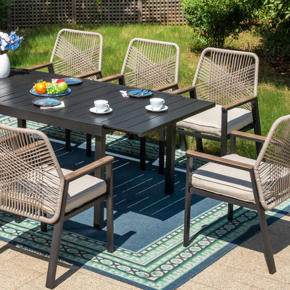 Summit Living 9-Piece Outdoor Dining Set with 8 Cushioned Patio Rattan Chairs and Large Extendable Table, Black and Beige