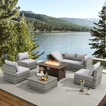 HOMREST 7 Pieces Outdoor Patio Furniture Set with 44" Propane Fire Pit Table, PE Rattan Sectional Sofa Conversation Set w/Adjustable Bracket,Wood Coffee Table for BackyardGrey