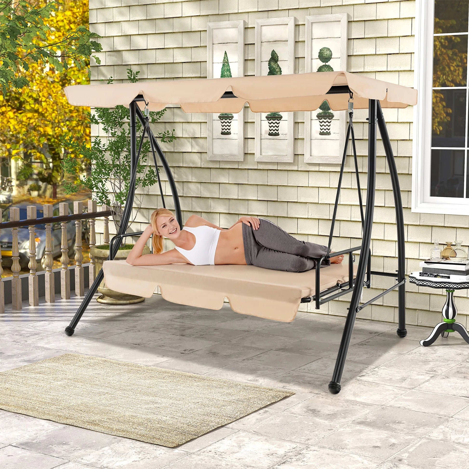 Gymax Outdoor Swing Chair Glider Patio Hammock Converting Flatbed w/Adjustable Canopy