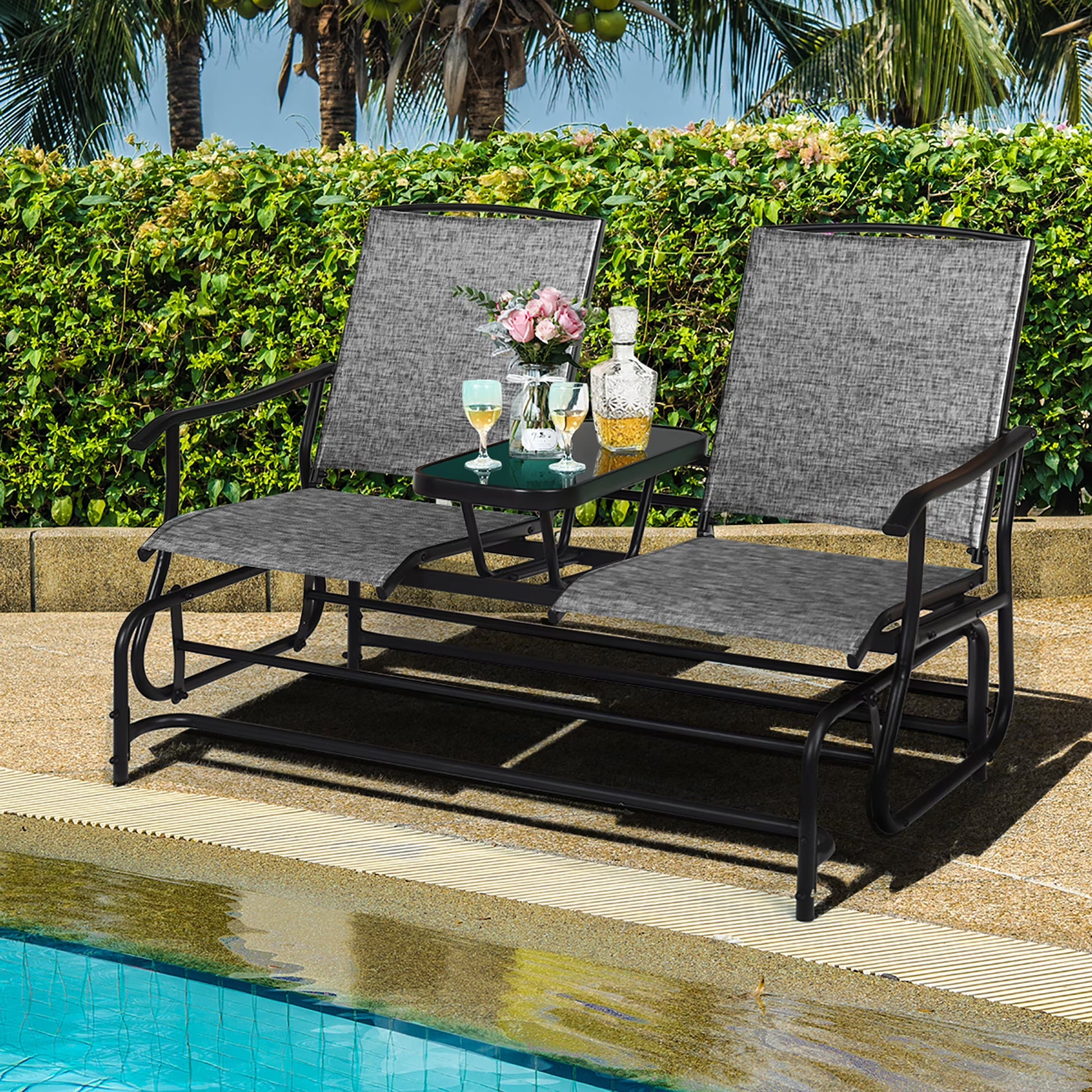 Costway 2 Person Outdoor Patio Double Glider Chair Loveseat Rocking Brown