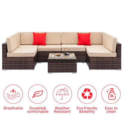 Patio Furniture Sets, 7-Piece Wicker Patio Conversation Furniture Set w/6 Seats, 1PC Tempered Glass Table, 6 Weather-Resistant Cushions, 2 Red Pillows for Backyard Porch Lawn Pool, Q2353